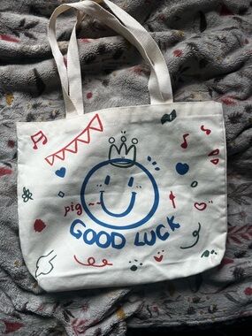 Good Luck Smiley Canvas Tote Bag - White with Blue & Red Graphics